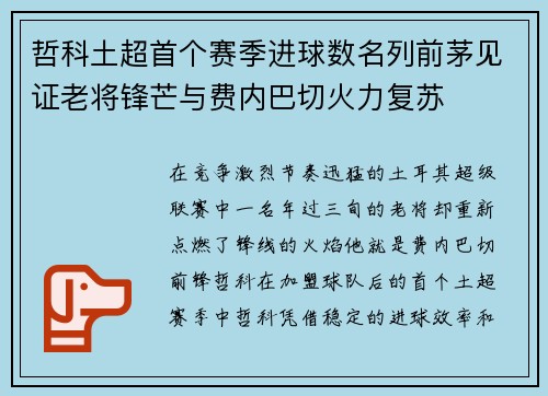 哲科土超首个赛季进球数名列前茅见证老将锋芒与费内巴切火力复苏 哲科土超首个赛季进球数名列前茅见证老将锋芒与费内巴切火力复苏