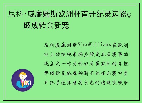 尼科·威廉姆斯欧洲杯首开纪录边路爆破成转会新宠